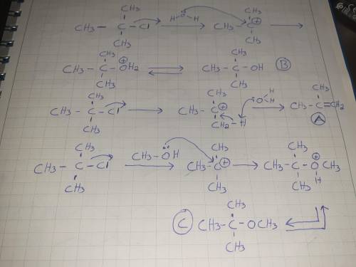 Treating (CH3)3C-Cl with a mixture of H2O and CH3OH at room temperature would yield: A) CH2=C(CH3)2