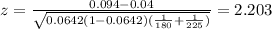 z=\frac{0.094-0.04}{\sqrt{0.0642(1-0.0642)(\frac{1}{180}+\frac{1}{225})}}=2.203