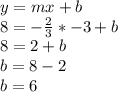 y=mx+b\\8=-\frac{2}{3}*-3 +b\\8=2+b\\b=8-2\\b=6