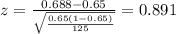 z=\frac{0.688 -0.65}{\sqrt{\frac{0.65(1-0.65)}{125}}}=0.891