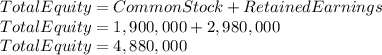 Total Equity = Common Stock + Retained Earnings\\Total Equity = 1,900,000 + 2,980,000\\Total Equity = 4,880,000