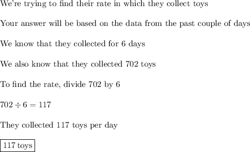 \text{We're trying to find their rate in which they collect toys}\\\\\text{Your answer will be based on the data from the past couple of days}\\\\\text{We know that they collected for 6 days}\\\\\text{We also know that they collected 702 toys}\\\\\text{To find the rate, divide 702 by 6}\\\\702\div6=117\\\\\text{They collected 117 toys per day}\\\\\boxed{117 \,\text{toys}}