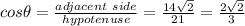 cos\theta=\frac{adjacent~side}{hypotenuse}=\frac{14\sqrt{2} }{21}  =\frac{2\sqrt{2} }{3}