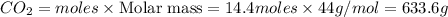 CO_2=moles\times {\text {Molar mass}}=14.4moles\times 44g/mol=633.6g