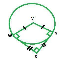 Angle X is a circumscribed angle of circle V. Circle V is shown. Line segments Y V and W V are radii