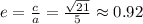 e=\frac{c}{a}=\frac{\sqrt{21} }{5}  \approx 0.92