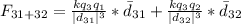 F_{31 +32} = \frac{kq_3 q_1}{|d_{31}| ^3} *\= d_{31} + \frac{kq_3 q_2}{|d_{32}| ^3} *\= d_{32}