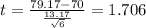 t=\frac{79.17-70}{\frac{13.17}{\sqrt{6}}}=1.706