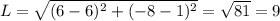 L = \sqrt{(6-6)^{2} + (-8 - 1)^{2}} = \sqrt{81} = 9