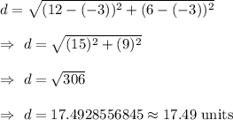d=\sqrt{(12-(-3))^2+(6-(-3))^2}\\\\\Rightarrow\ d=\sqrt{(15)^2+(9)^2}\\\\\Rightarrow\ d=\sqrt{306}\\\\\Rightarrow\ d=17.4928556845\approx17.49\text{ units}
