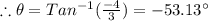 \therefore \theta = Tan^{-1}(\frac{-4}{3}) = -53.13^{\circ}