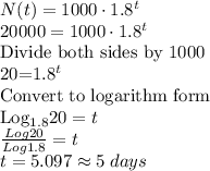 N(t)=1000\cdot1.8^t\\20000=1000\cdot1.8^t\\$Divide both sides by 1000\\20=1.8^t\\$Convert to logarithm form\\Log_{1.8}20=t\\\frac{Log 20}{Log 1.8}=t\\ t=5.097\approx 5\; days