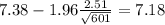 7.38-1.96\frac{2.51}{\sqrt{601}}=7.18