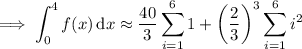 \implies\displaystyle\int_0^4f(x)\,\mathrm dx\approx\dfrac{40}3\sum_{i=1}^61+\left(\frac23\right)^3\sum_{i=1}^6i^2
