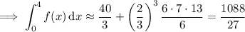 \implies\displaystyle\int_0^4f(x)\,\mathrm dx\approx\dfrac{40}3+\left(\frac23\right)^3\frac{6\cdot7\cdot13}6=\frac{1088}{27}