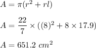 A=\pi (r^2+rl)\\\\A=\dfrac{22}{7}\times  ((8)^2+8\times 17.9)\\\\A=651.2\ cm^2