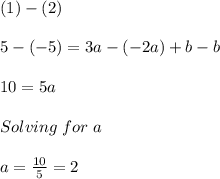 (1)-(2)\\\\5-(-5)=3a-(-2a)+b-b\\\\10=5a\\\\Solving\hspace{3}for\hspace{3}a\\\\a=\frac{10}{5} =2