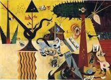 A surrealist painting by Joan Miro. Strange doodles cover the canvas with swirls of color. What is t