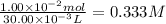 \frac{1.00 \times 10^{-2}mol}{30.00 \times 10^{-3}L} = 0.333 M