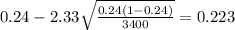 0.24 - 2.33\sqrt{\frac{0.24(1-0.24)}{3400}}=0.223