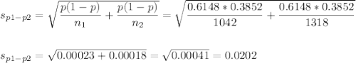 s_{p1-p2}=\sqrt{\dfrac{p(1-p)}{n_1}+\dfrac{p(1-p)}{n_2}}=\sqrt{\dfrac{0.6148*0.3852}{1042}+\dfrac{0.6148*0.3852}{1318}}\\\\\\s_{p1-p2}=\sqrt{0.00023+0.00018}=\sqrt{0.00041}=0.0202