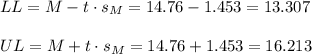 LL=M-t \cdot s_M = 14.76-1.453=13.307\\\\UL=M+t \cdot s_M = 14.76+1.453=16.213
