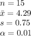 n=15\\\bar x=4.29\\s=0.75\\\alpha =0.01