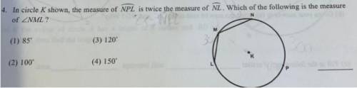 In circle K shown, the measure of NPL is twice the measure of NL . Which of the following is the m