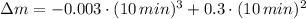 \Delta m = -0.003\cdot (10\,min)^{3} + 0.3\cdot (10\,min)^{2}
