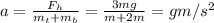 a = \frac{F_h}{m_t + m_b} = \frac{3mg}{m + 2m} = g m/s^2