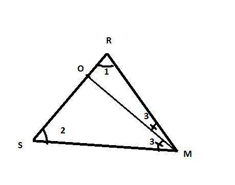 In a triangle RSM, the measure of angle SRM is twice the measure of angle RSM. A point O is selected