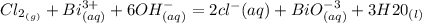 Cl_2__{(g) }}+ Bi^{3+} _{(aq)} + 6OH^-_{(aq)} = 2cl^-{(aq)} + BiO^{-3} _{(aq)} + 3H20 _{(l)}