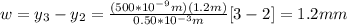 w=y_3-y_2=\frac{(500*10^{-9}m)(1.2m)}{0.50*10^{-3}m}[3-2]=1.2mm