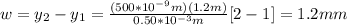 w=y_2-y_1=\frac{(500*10^{-9}m)(1.2m)}{0.50*10^{-3}m}[2-1]=1.2mm