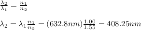 \frac{\lambda_2}{\lambda_1}=\frac{n_1}{n_2}\\\\\lambda_2=\lambda_1\frac{n_1}{n_2}=(632.8nm)\frac{1.00}{1.55}=408.25nm
