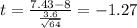 t=\frac{7.43-8}{\frac{3.6}{\sqrt{64}}}=-1.27