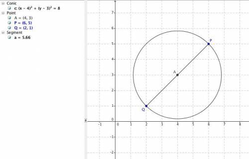 If P = (6,5) and Q = (2, 1) are the endpoints of the diameter of a circle, find the equation of the