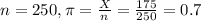 n = 250, \pi = \frac{X}{n} = \frac{175}{250} = 0.7
