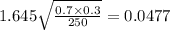 1.645 \sqrt{\frac{0.7\times 0.3 }{250}} = 0.0477