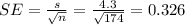 SE = \frac{s}{\sqrt{n}} = \frac{4.3}{\sqrt{174}} = 0.326