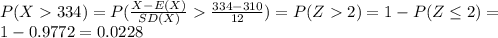 P(X334)= P(\frac{X-E(X)}{SD(X)}\frac{334-310}{12})= P(Z2)= 1-P(Z\leq  2)= \\1- 0.9772= 0.0228