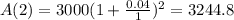 A(2) = 3000(1 + \frac{0.04}{1})^{2} = 3244.8
