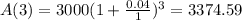 A(3) = 3000(1 + \frac{0.04}{1})^{3} = 3374.59