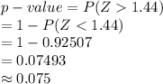 p-value=P(Z1.44)\\=1-P(Z
