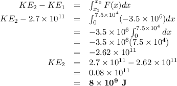 \begin{array}{rcl}KE_{2} - KE_{1}&=&\int_{x_{1}}^{ x_{2}}F(x)dx\\KE_{2}- 2.7 \times 10^{11}&=&\int_{0}^{ 7.5 \times 10^{4}}(-3.5 \times 10^{6})dx\\&=&-3.5 \times 10^{6}\int_{0}^{ 7.5 \times 10^{4}}dx\\&=&-3.5 \times 10^{6}(7.5 \times 10^{4})\\& = & -2.62 \times 10^{11}\\KE_{2} & = & 2.7 \times 10^{11} - 2.62  \times 10^{11}\\& = & 0.08 \times 10^{11}\\& = & \mathbf{8 \times 10^{9}} \textbf{ J}\\\end{array}\\