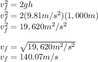 v_{f}^2=2gh\\v_{f}^2=2(9.81m/s^2)(1,000m)\\v_{f} ^2=19,620m^2/s^2\\\\v_{f}=\sqrt{19,620m^2/s^2} \\v_{f}=140.07m/s