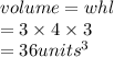 volume = whl \\  = 3 \times 4 \times 3 \\ =  36 {units}^{3}