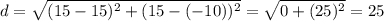 d=\sqrt{(15-15)^{2} +(15-(-10))^{2} } =\sqrt{0+(25)^{2} } =25