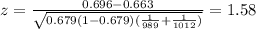 z=\frac{0.696-0.663}{\sqrt{0.679(1-0.679)(\frac{1}{989}+\frac{1}{1012})}}=1.58