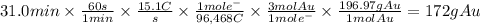 31.0min \times \frac{60s}{1min}  \times \frac{15.1C}{s} \times \frac{1mole^{-} }{96,468C} \times \frac{3molAu}{1mole^{-} } \times \frac{196.97gAu}{1molAu} = 172 gAu